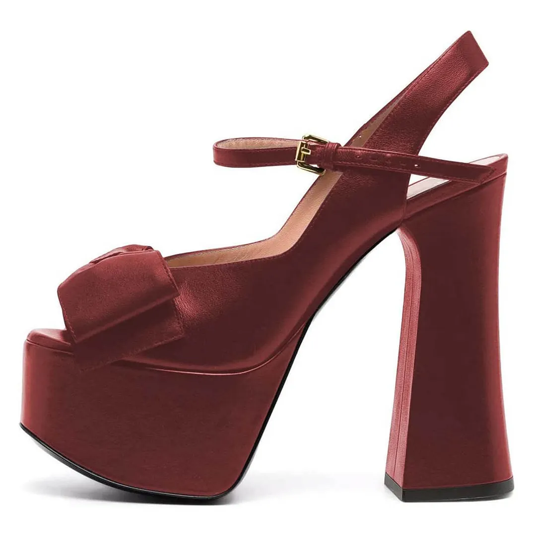 Maroon Vegan Leather Peep Toe Platform Slingback Heels with Bow Accent