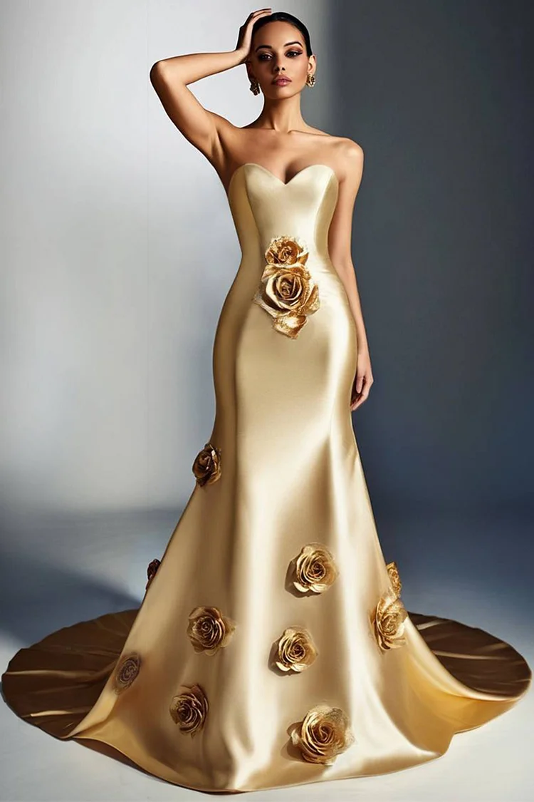 Formal 3D Floral Strapless Maxi Dress-Gold [Custom-Made]