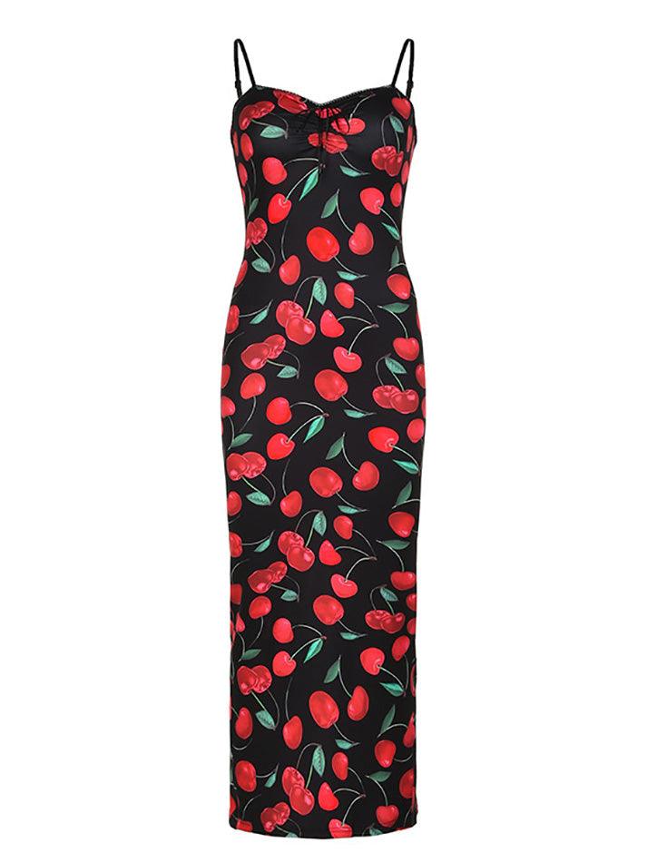 LANFUBEISI - Red Cherry Print Stretch Calf-length Corset Dress LANFUBEISI