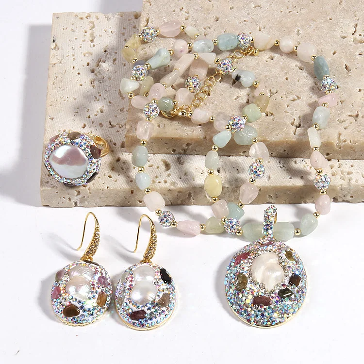 Olivenorma Morganite Tourmaline Freshwater Pearl Jewelry Set