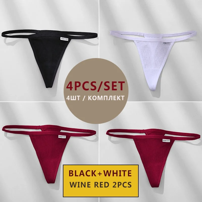 FINETOO 4PCS/Set Cotton Women Panties Woman Thong G-string Underwear Pantys Sexy Low Waist Underpant For Ladies Lingerie Female