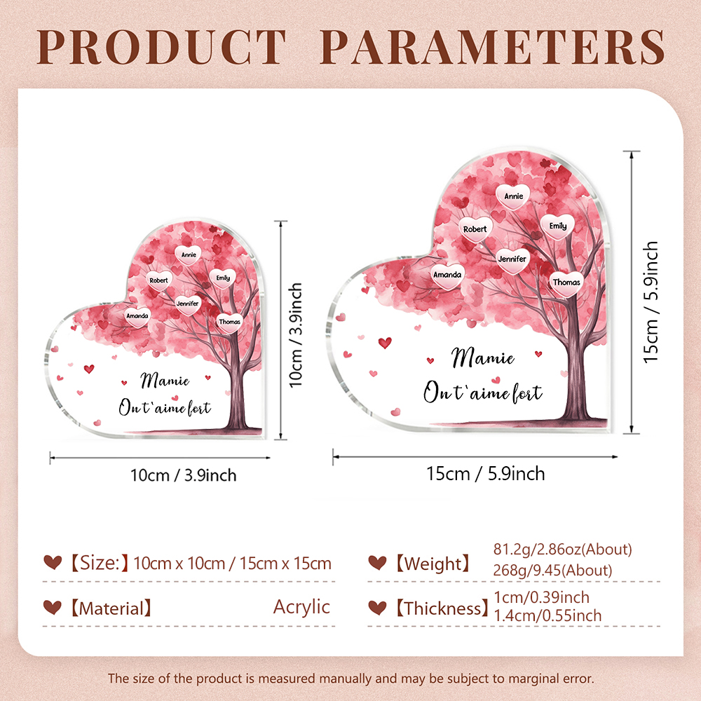 À ma Maman/Mamie - Plaque Acrylique Arbre en Forme de Cœur 6 Prénoms Personnalisés avec 1 Texte
