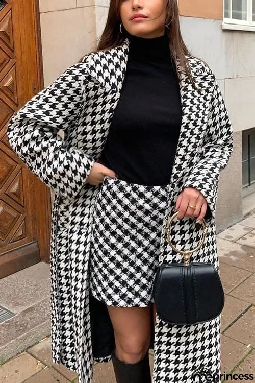 Houndstooth Lapel Woolen Coat