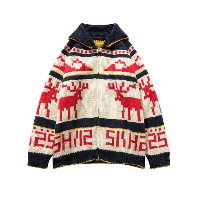 Demandernyc Autumn Winter Jacquard Deer Plush Color-blocked Striped Stitching Sweater for Men's High Street Retro Loose Zipper Cardigan Coat