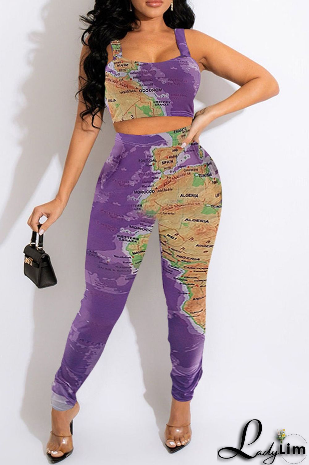 Purple Sexy Print Patchwork Spaghetti Strap Sleeveless Two Pieces