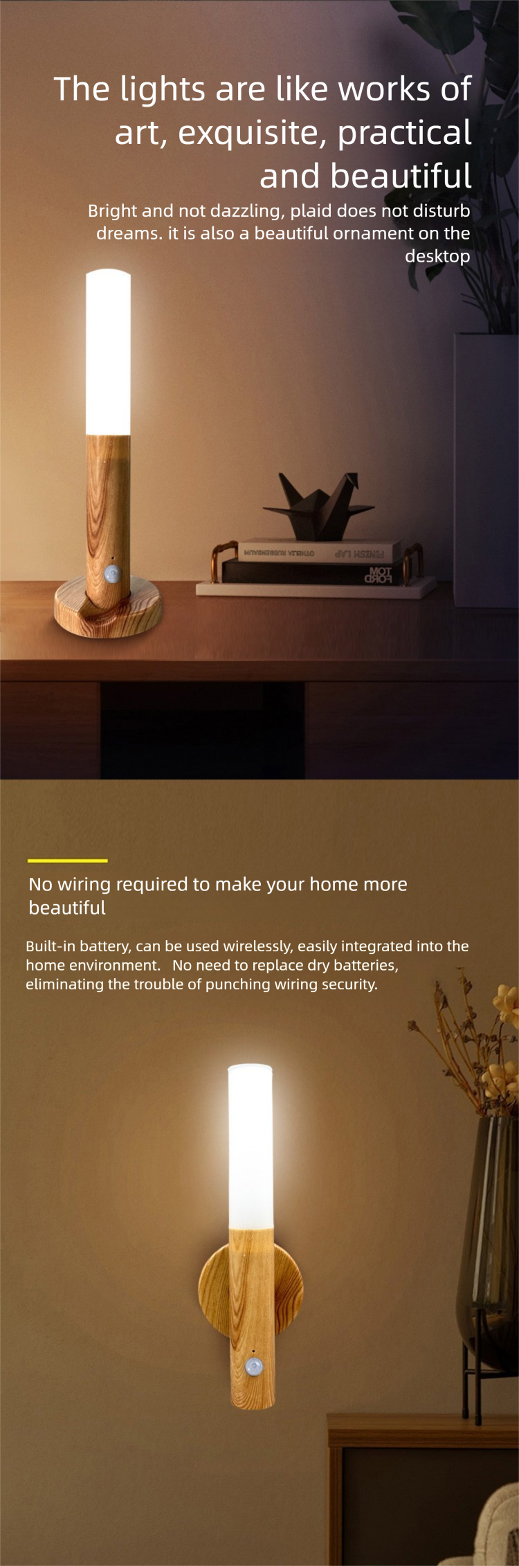 Tegooe Modern Wooden Motion Sensor Wall Sconce LED Night Light - USB Rechargeable Wireless Smart Induction Lamp for Bedside