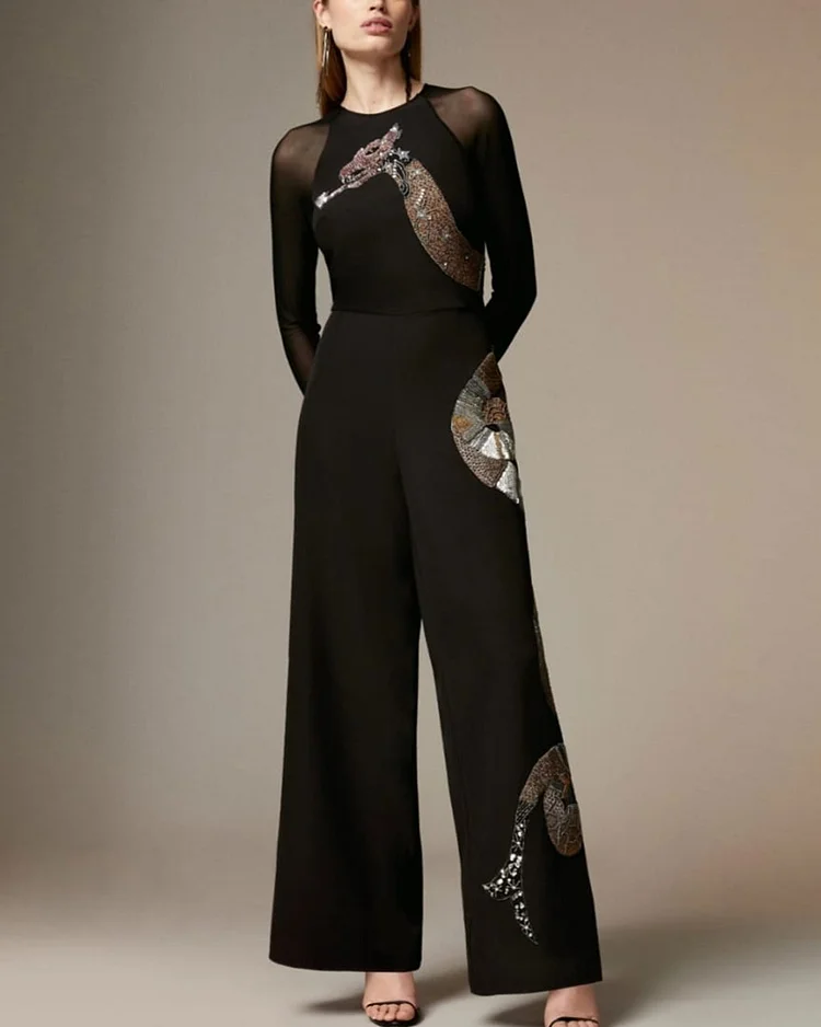 Petite Sequin And Embellished Woven Dragon Jumpsuit