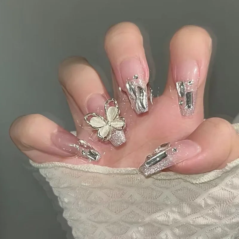 Buyerint 24pcs Wearable Pink Press on Nails – Butterfly Lovely Girl False Nails Tips with Jelly Gel Design  