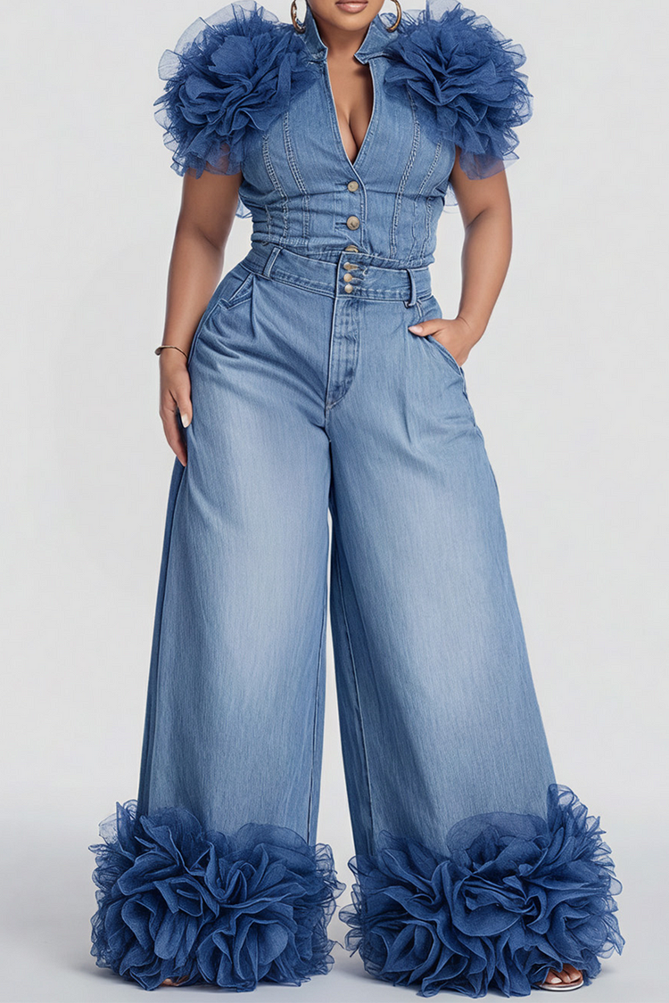 Xpluswear Design Plus Size Business Casual Blue 3D Casual Pocket Denim Two Piece Pant Sets [Pre-Order]