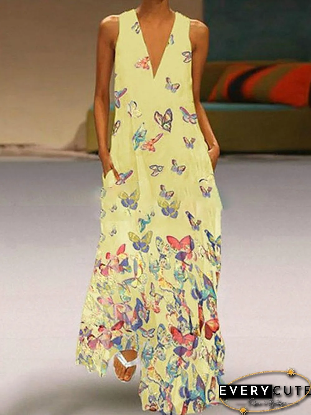 Women's A-Line Dress Maxi long Dress - Sleeveless Butterfly Animal Print Summer Deep V Plus Size Hot Casual Beach  White Purple Yellow Blushing Pink Light Blue S M L XL XXL 3XL 4XL 5XL White Dresses