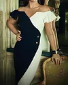 V Cut Color Block Button Detail Wrap Dress