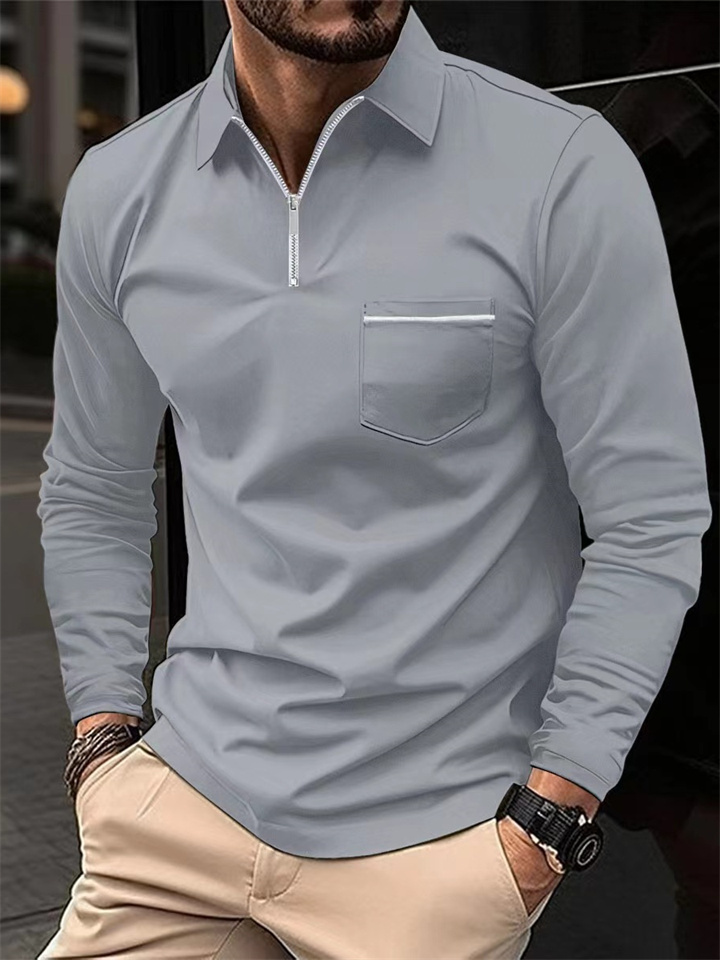 Autumn POLO Shirt Zipper Pocket Decoration Men's Solid Color Casual Loose Type Long-sleeved Sports Polo Shirt
