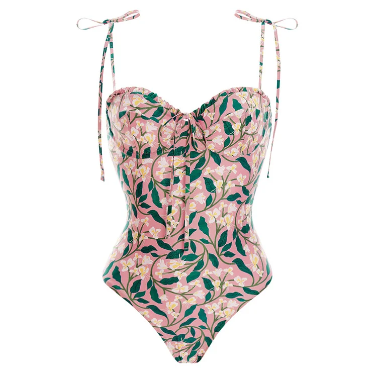 Tie-shoulder Floral Print One Piece Swimsuit and Sarong Flaxmaker
