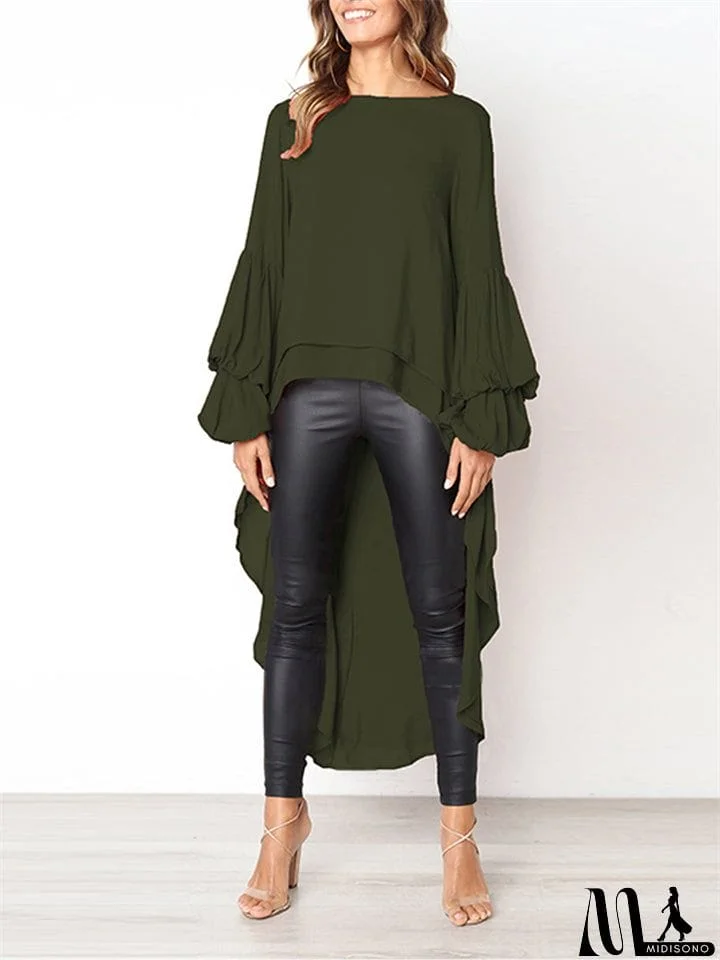 MidiSono - Ladies Leisure Chiffon Lantern Sleeve Irregular Hem Shirts