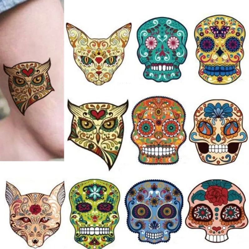10-20pcs/set Colorful Halloween Skull Head Temporary Tattoo Sticker Child Adult Body Art Water Transfer Fake Tattoo for Face