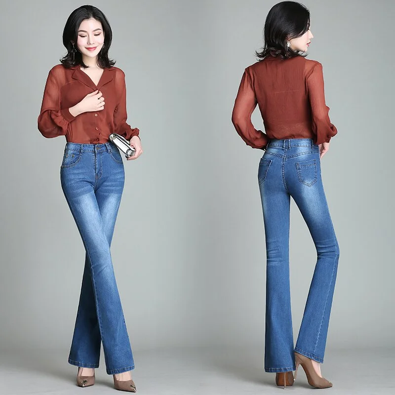 Flare Pants Jeans Women 2019 Spring Slim Wide Leg Ladies Denim Trousers Elastic High Waist Pantalon Jean Femme Woman Jeans