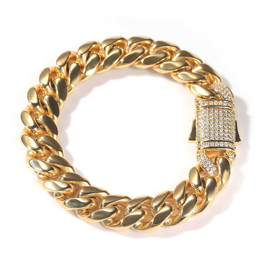 12MM Stainless Steel Pave CZ Spring Buckle Cuban Bracelets