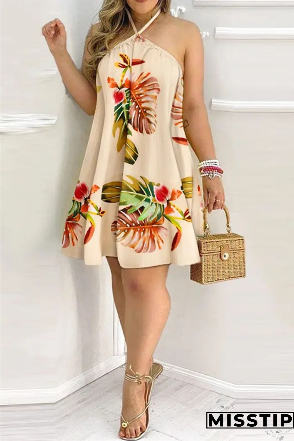 Gradient Color Fashion Casual Print Bandage Backless Halter Sleeveless Dress Dresses
