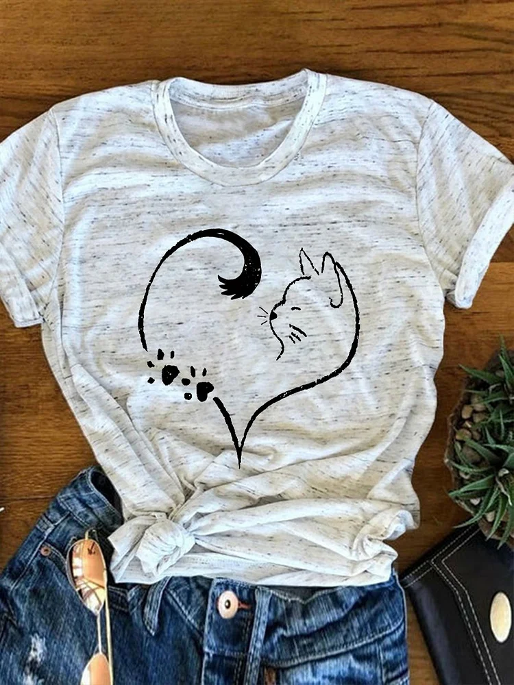 Women's Cute Cat Paw Print Tail Print Snowflake Dot T-Shirt socialshop