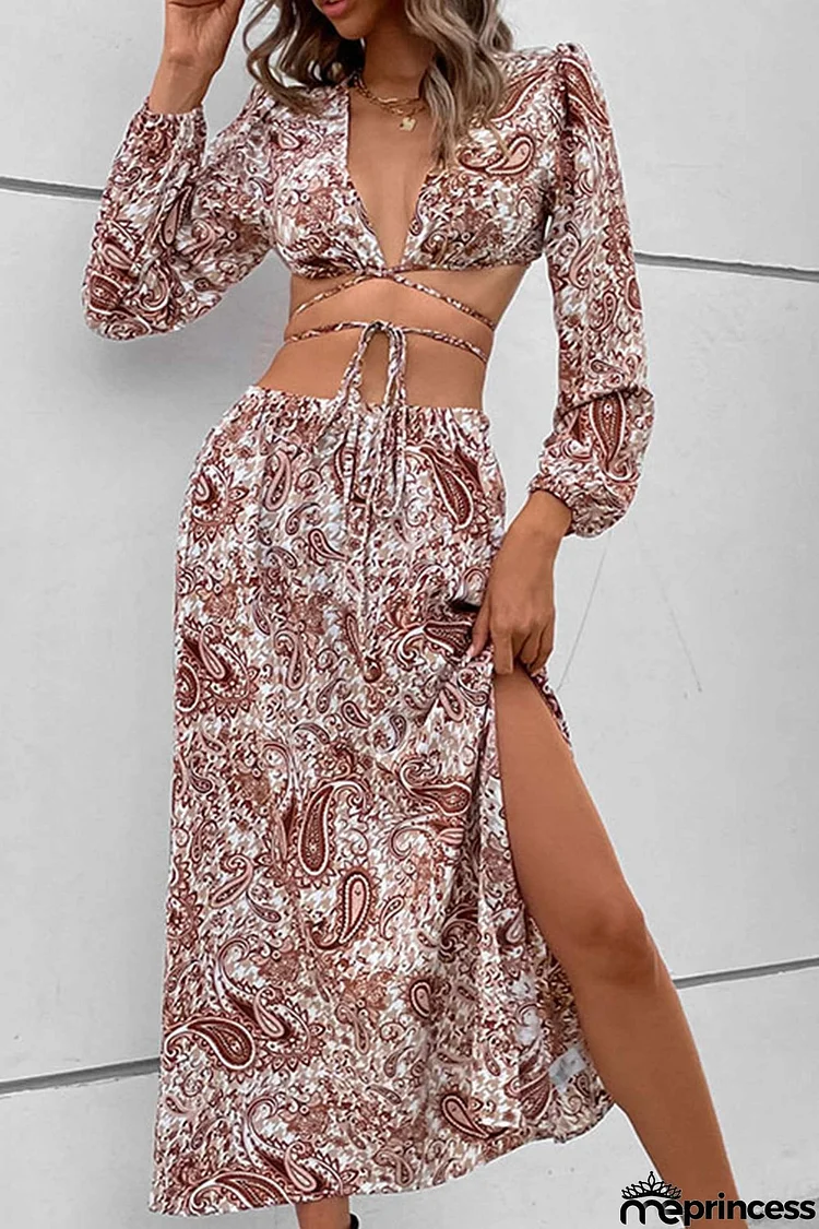 Floral Print Tie-up Crop Top Slit Midi Skirt Suits