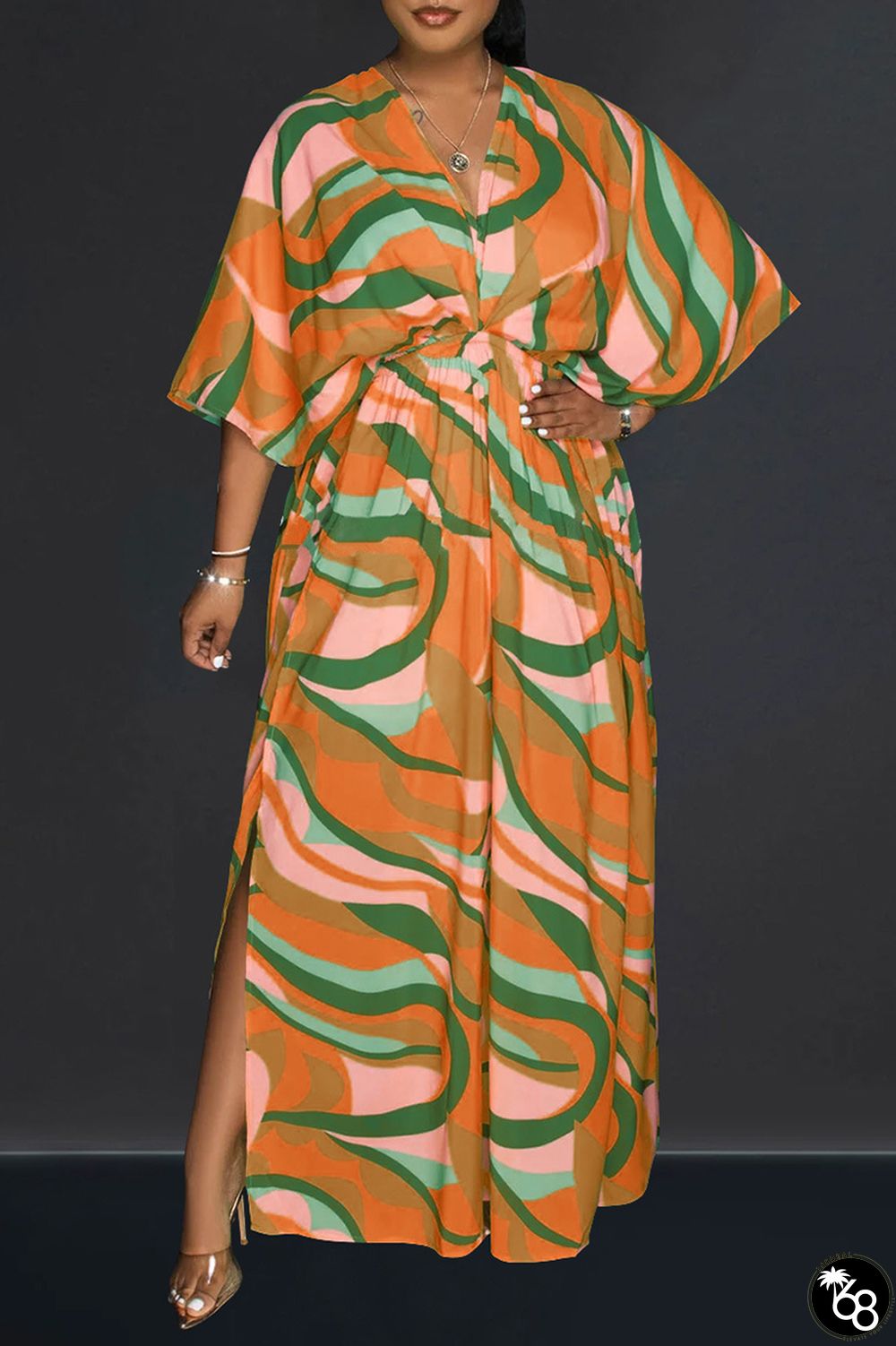 Orange Casual Print Patchwork Slit V Neck Long Dress Dresses | 168DEAL