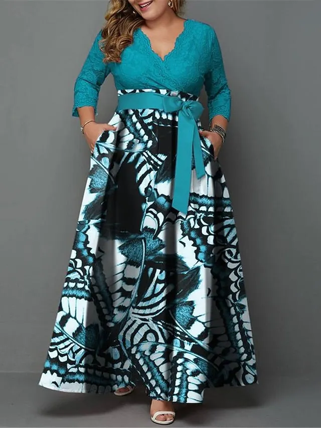 Plus Size Casual Dress-Lace Swing Butterfly Long Maxi Length Sleeve Neck Fashion Outdoor