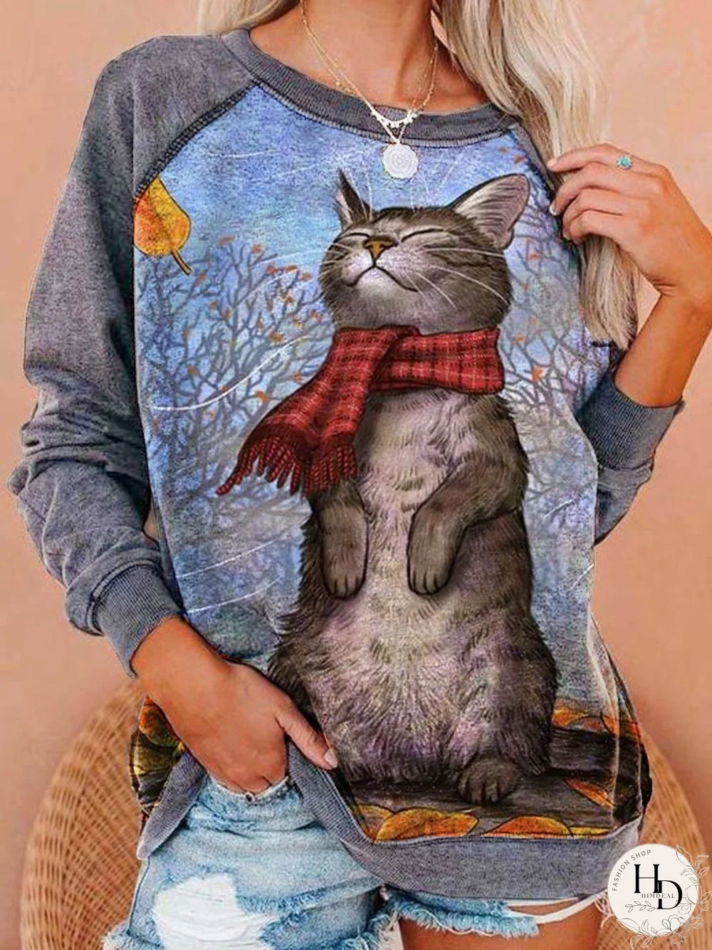 Gray Long Sleeve CAT Print Sweatshirts