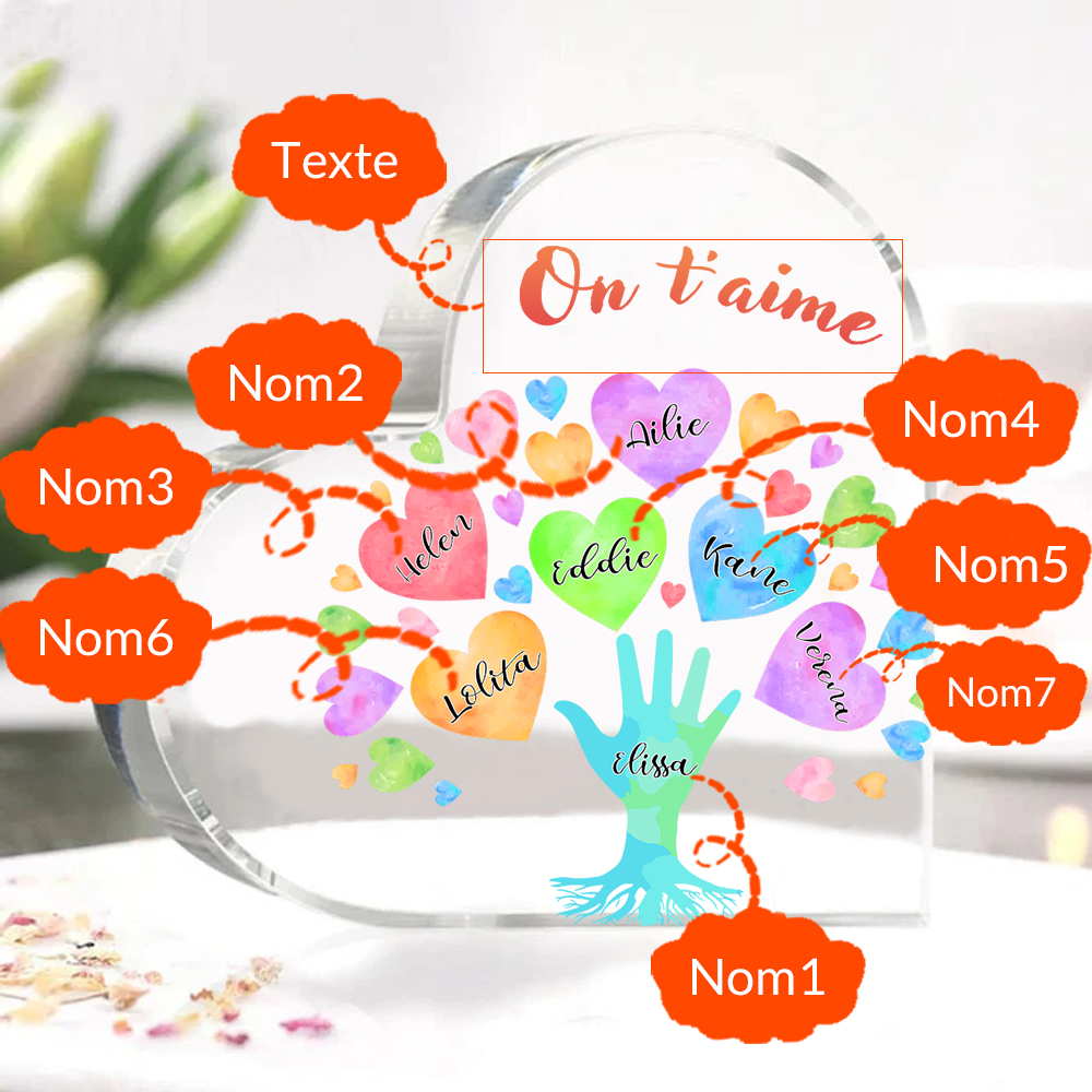 Plaque Acrylique en Forme de Cœur 7 Prénoms Personnalisés avec Texte pour Famille