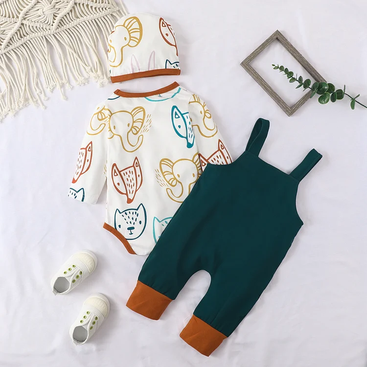 Baby Printed Animals Romper & Overalls Set