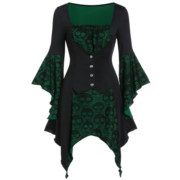Halloween Skull Lace Tie Irregular Dress