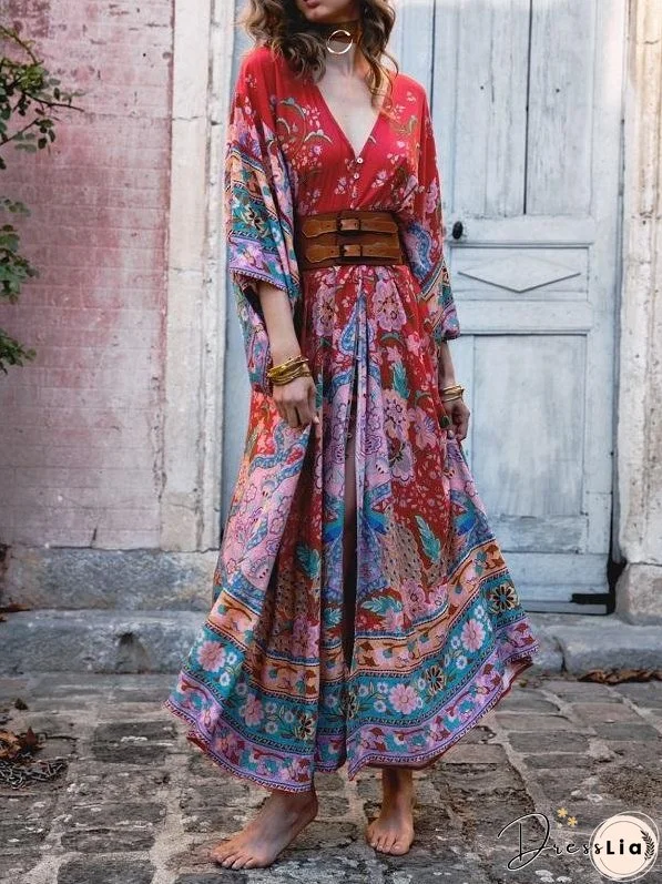 Bohemian Maxi Lotus Print V-Neck Long Dress