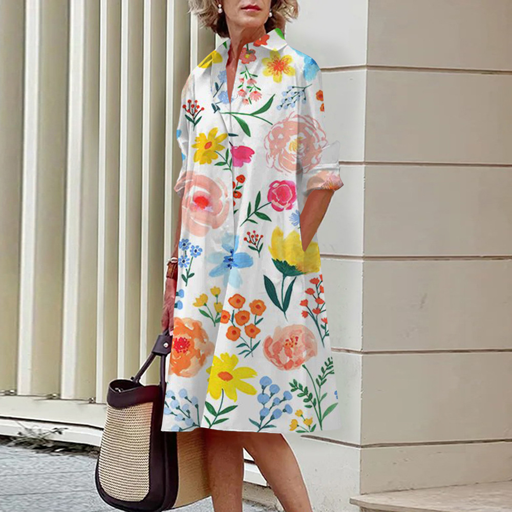 Older Women Plus Size 3D Digital Printing Casual Summer Loose Shirt Dress