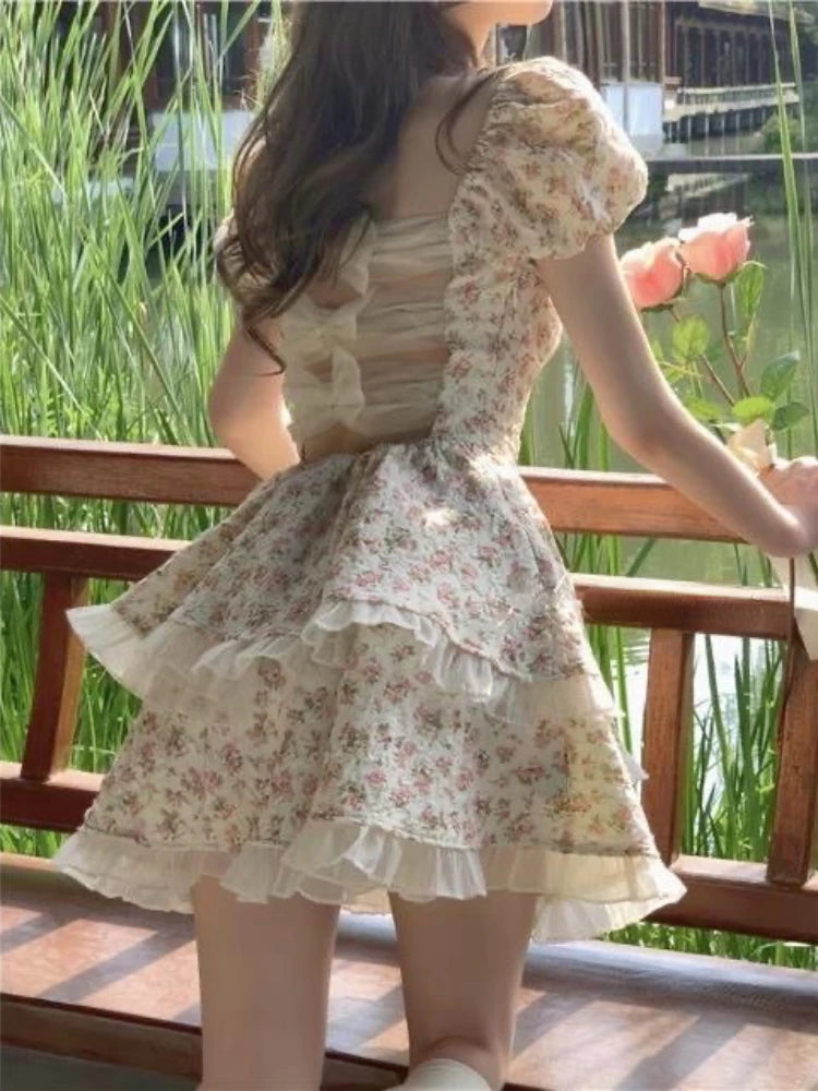 Aiertu Flower Print Kawaii Sweet Dress Women Hollow Out French Vintage Mini Dress Female Butterfly-knot Korean Designer Dress New Aiertu