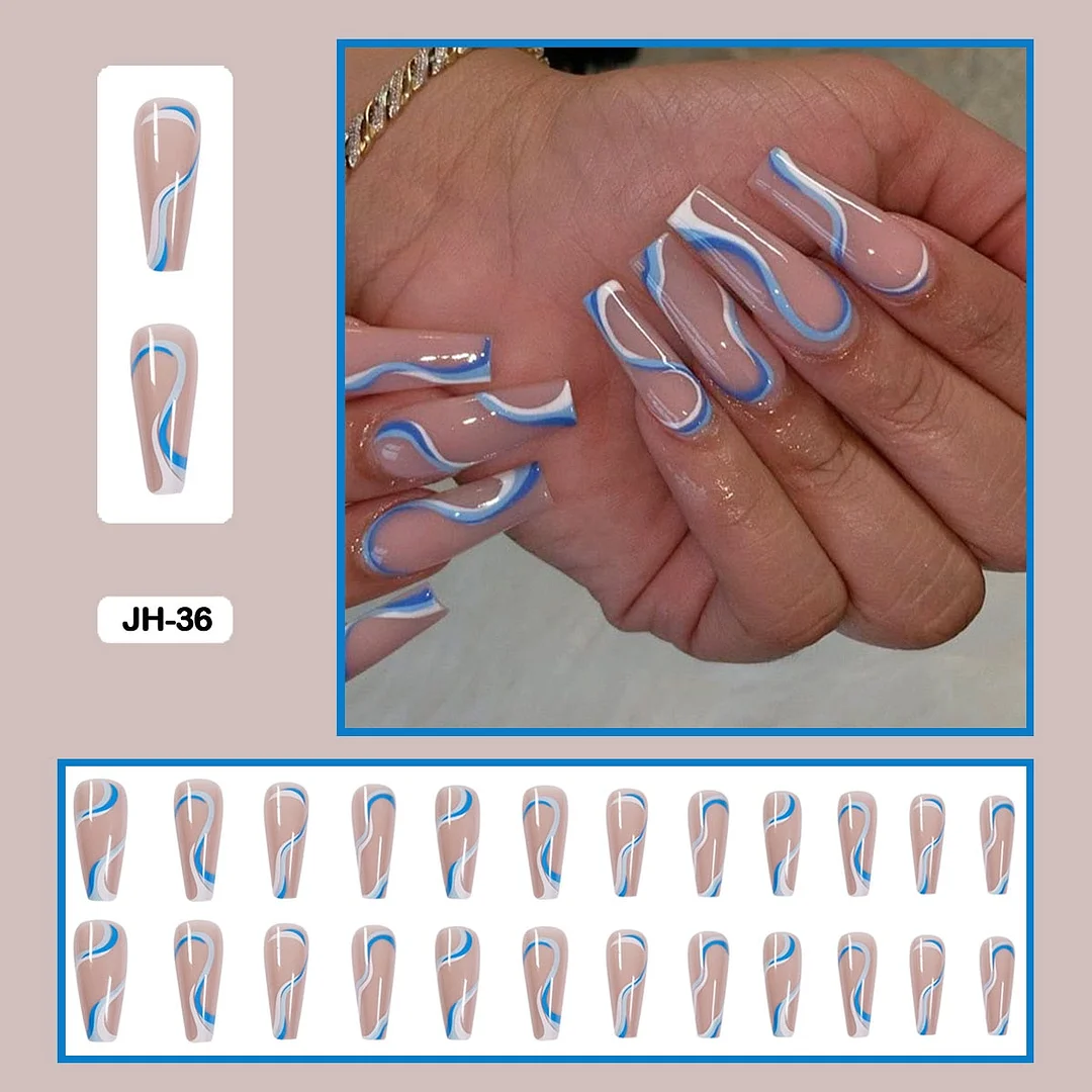24pcs/box Long Trapezoid Fake Nails Geometric Simplicity Personality Graffiti Animal Pattern Nail Art Nails Press on With Glue-Nail Inspo