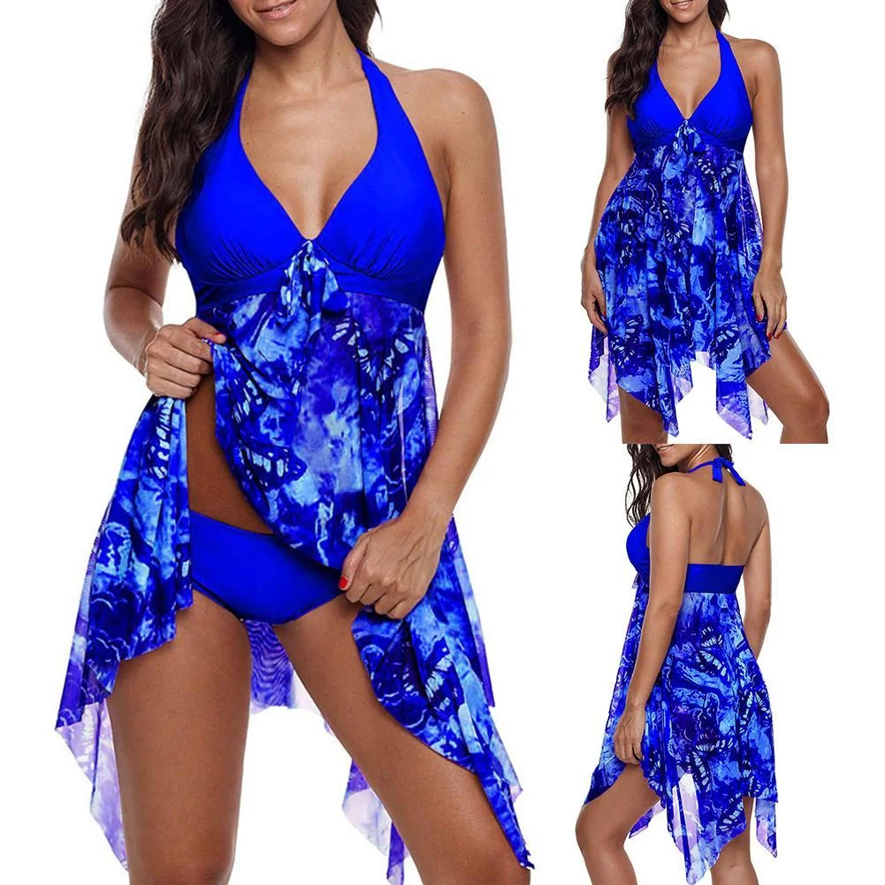 2Pcs Flower Print Halter Backless Women Swimdress Briefs Plus Size Tankini Set Flower Print Halter Bandage