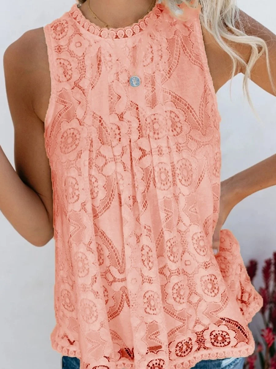 Round Neck Sleeveless Lace Tank Top