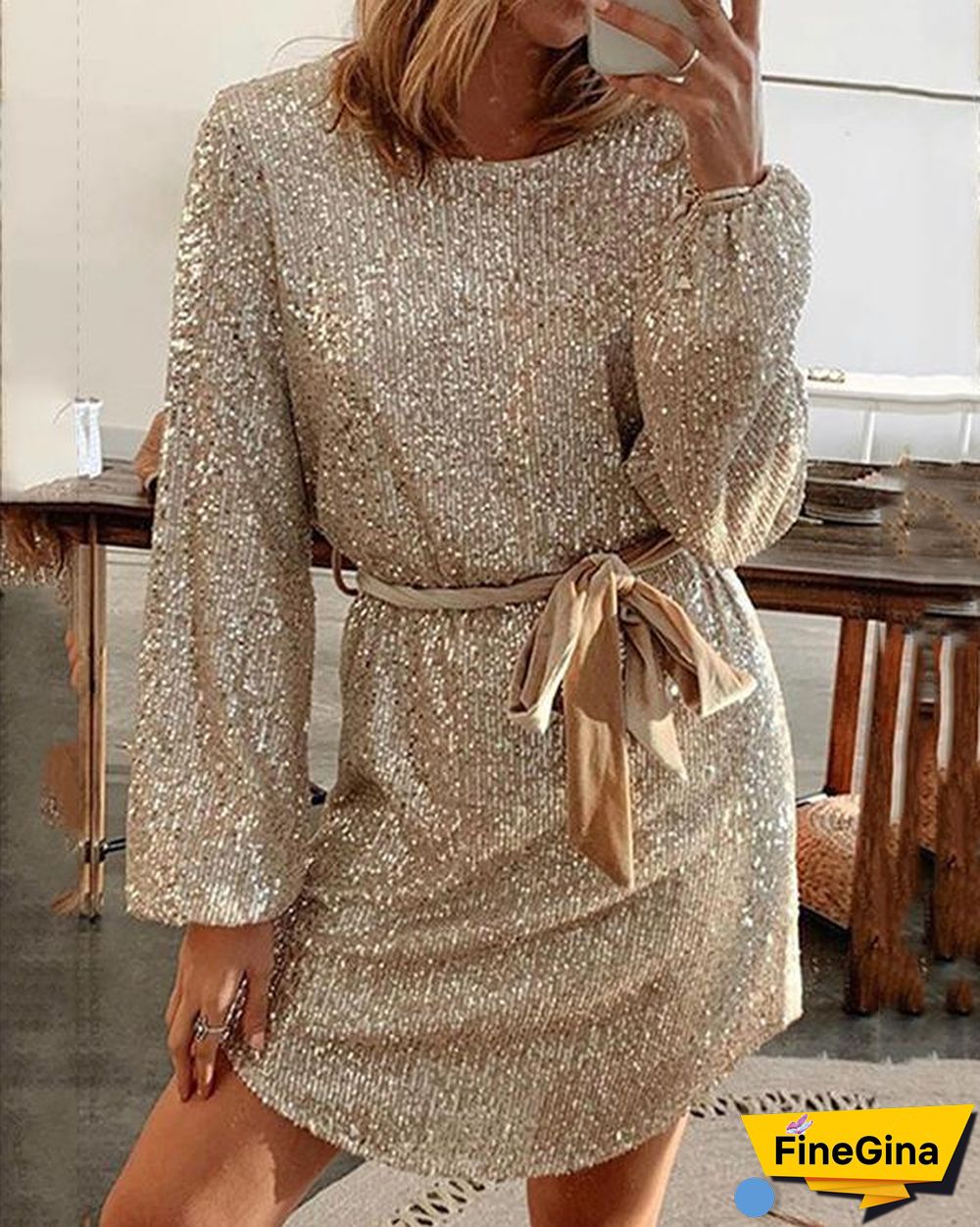 Women  Slim-fit Lantern Sleeve Round Neck Belt Sequin Dress Gown S-XL
