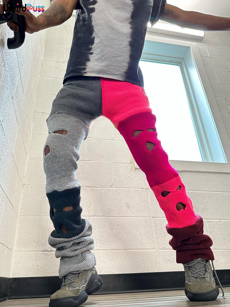 Weird Puss Y2K Knit Women Hollow Pants Sexy Hipster Chic Autumn Skinny Stretch Couple Wild Streetwear Colorful Trousers Bottoms