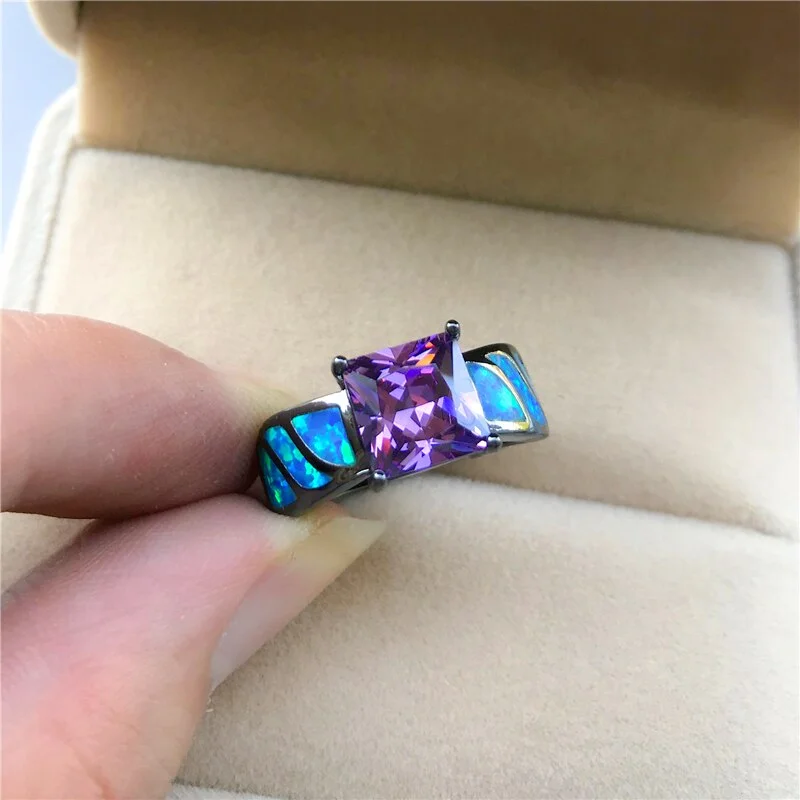 Classic Female Purple Square Crystal Ring Charm 14KT Black Gold Color Wedding Rings For Women Dainty Blue Opal Engagement Ring