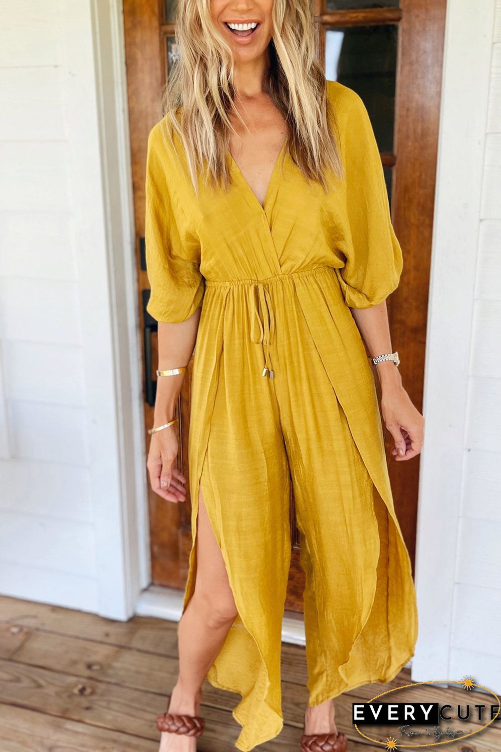 Yellow Surplice V Neck Half Sleeves Slit Leg Jumpsuit