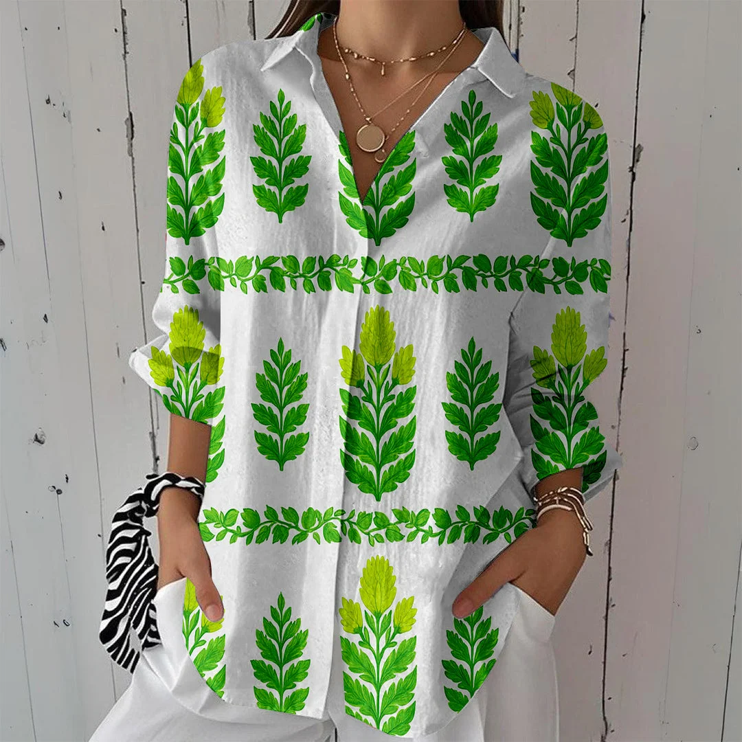 Style & Comfort for Mature Women Women Floral, Leaves, Green DZCL0116 3/4 Sleeve Shirt Collar Printed Button Tops