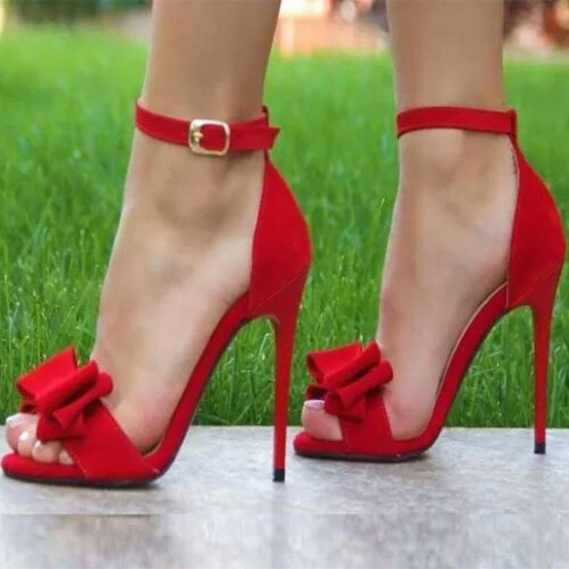 Red Stiletto Heels - Open Toe Dress Sandals with Bow Ankle Strap Vdcoo