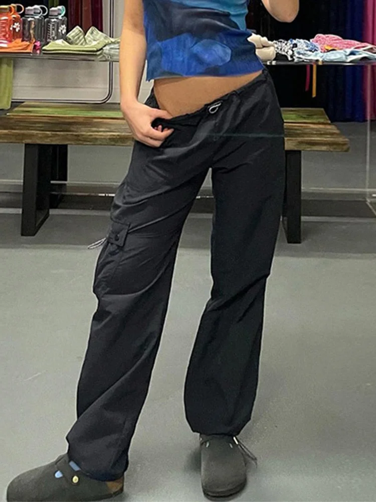 Jacqueline Y2K Wide Leg Cargo Pants Women Drawstring Baggy Low Waist Fashion Hippie Trousers Pocket Casual Street Vintage Brown