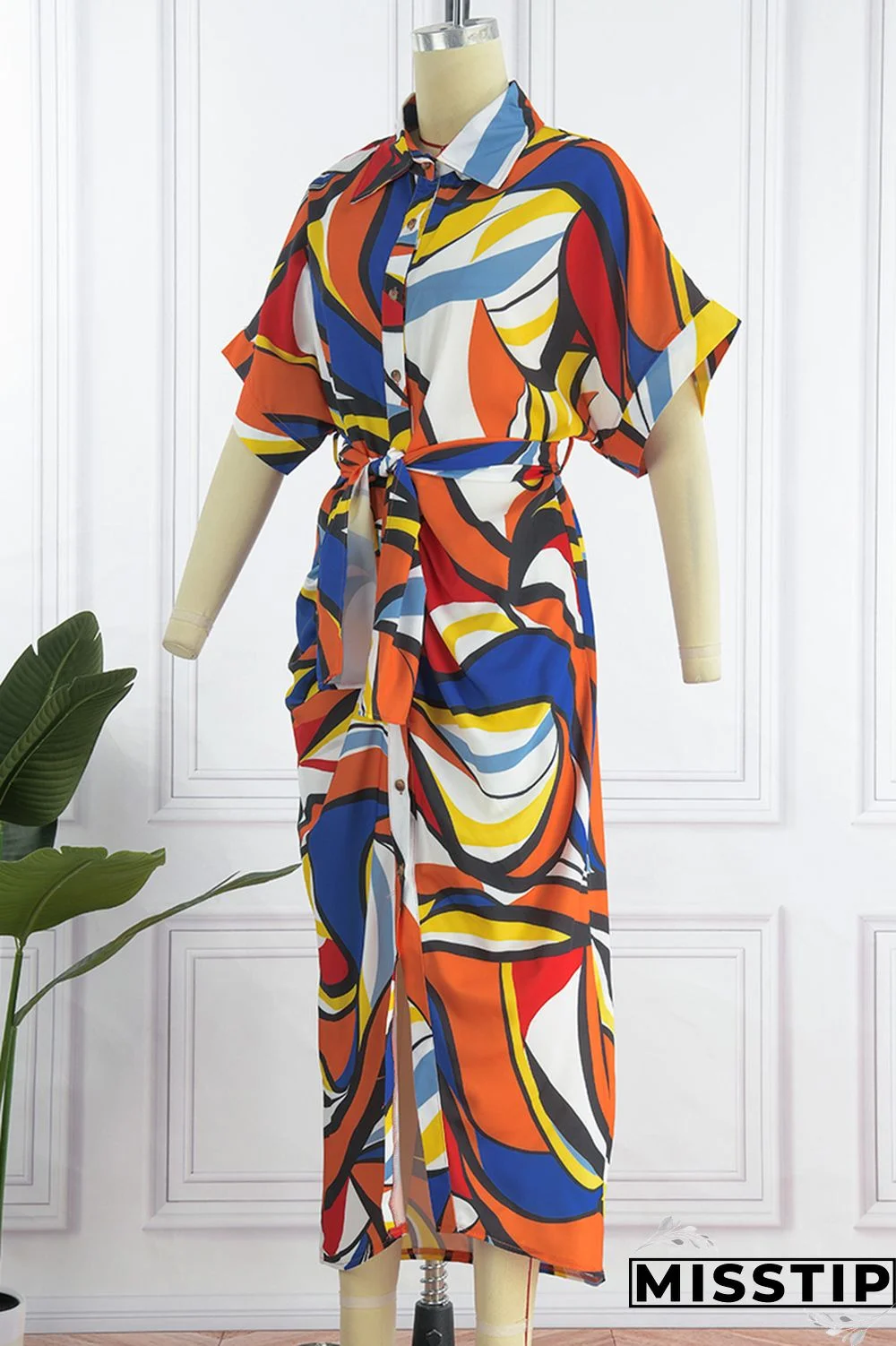 Blue Fashion Casual Print Patchwork Turndown Collar Shirt Dress