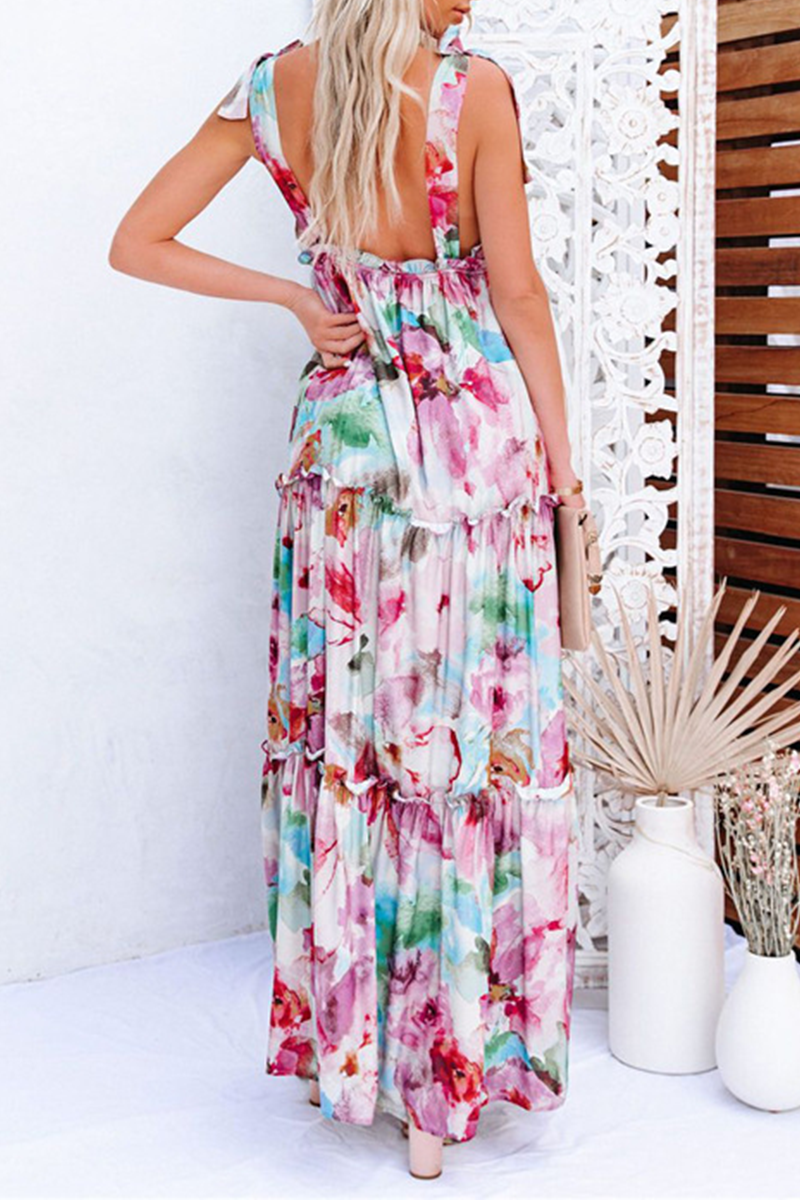 Fashion Elegant Print Split Joint Stringy Selvedge V Neck A Line Dresses