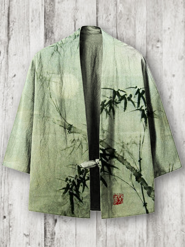menweary Bamboo Forest Full Moon Night Japanese Art Linen Blend Kimono Cardigan