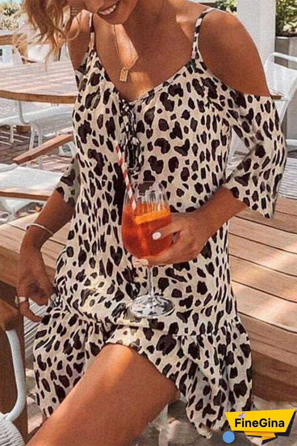 Casual Print Patchwork V Neck Cake Skirt Dresses