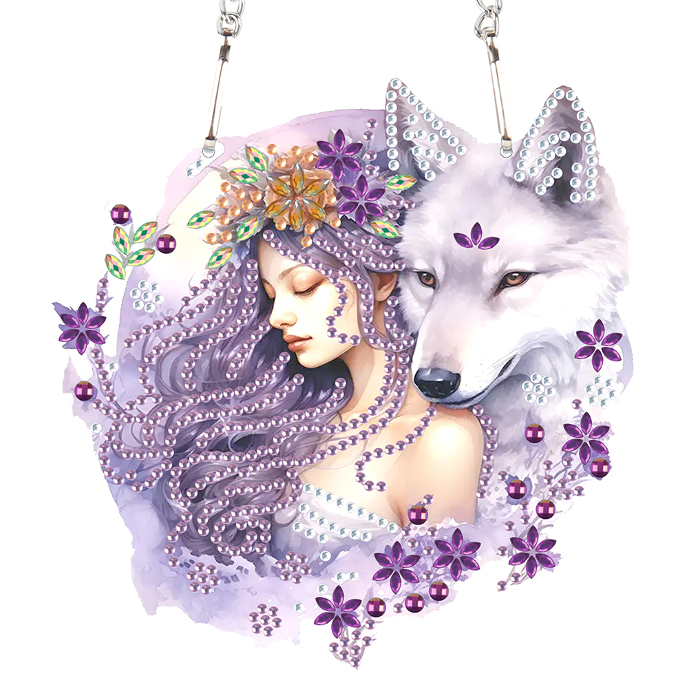 Acrylic Girl and Fox Single-Sided 5D DIY Diamond Painting Hanging Pendant