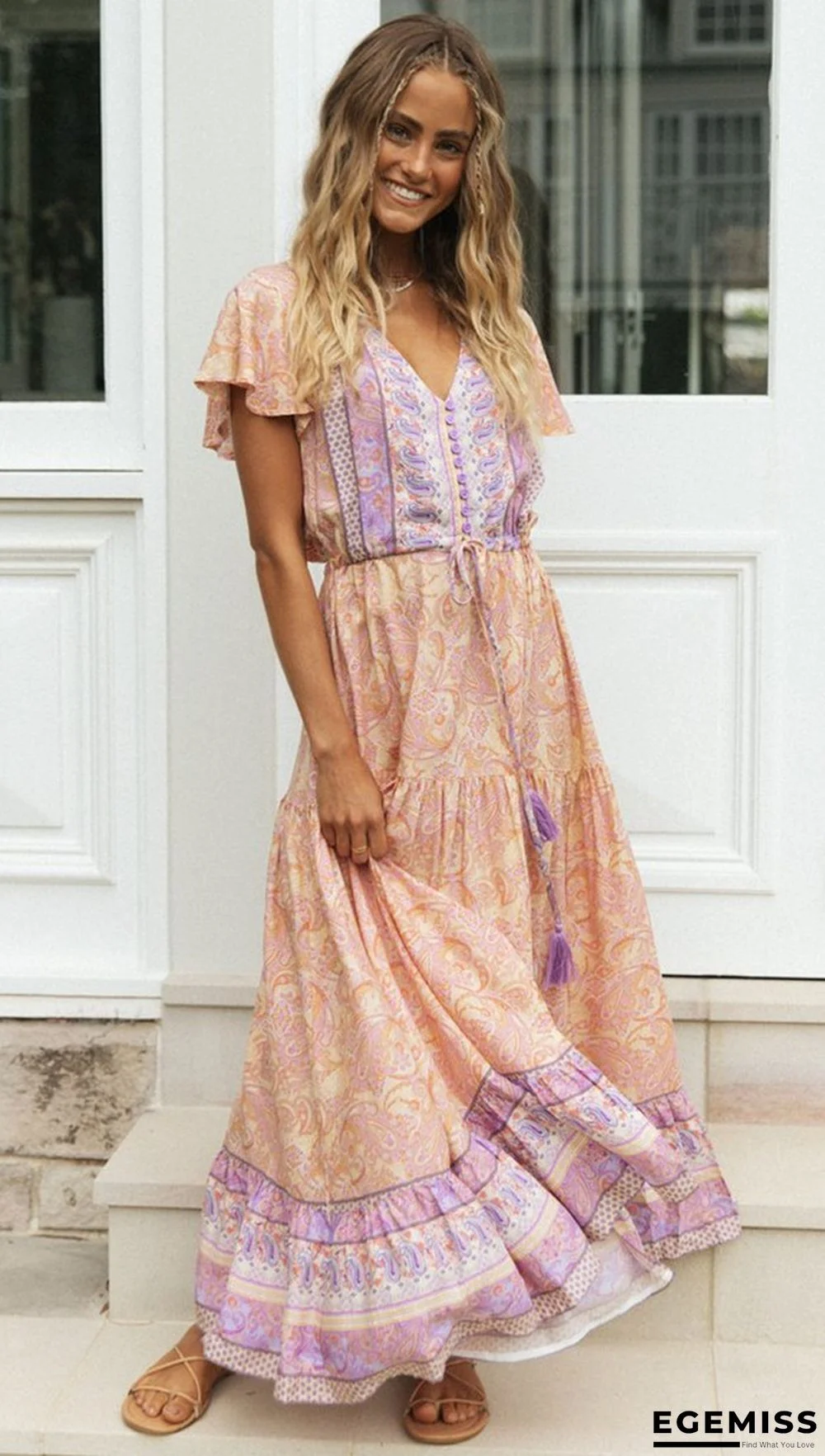 Bohemian Holiday Dress Positioning Flower Single Breasted Dress | EGEMISS