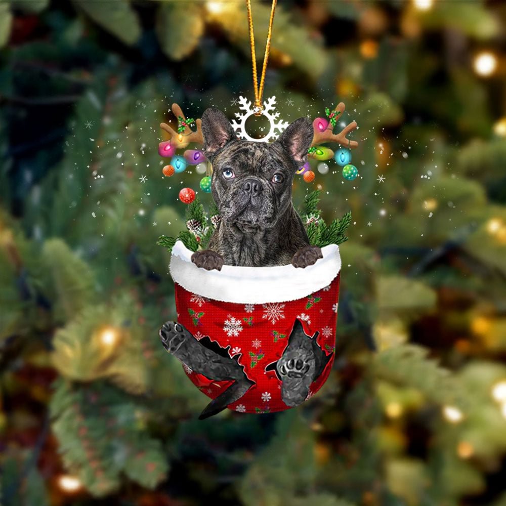 Brindle French Bulldog In Snow Pocket Christmas Ornament.